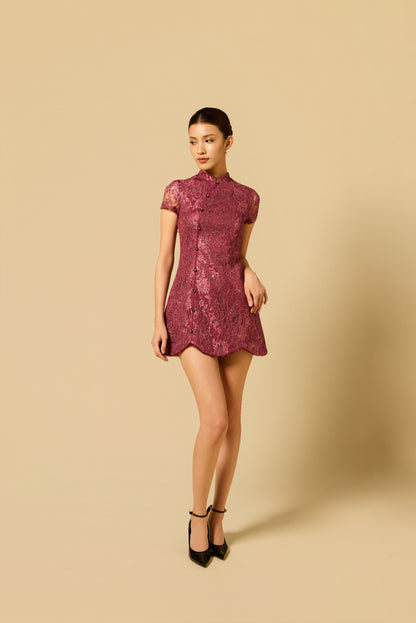 Lacey Scallop Dress in BERRY