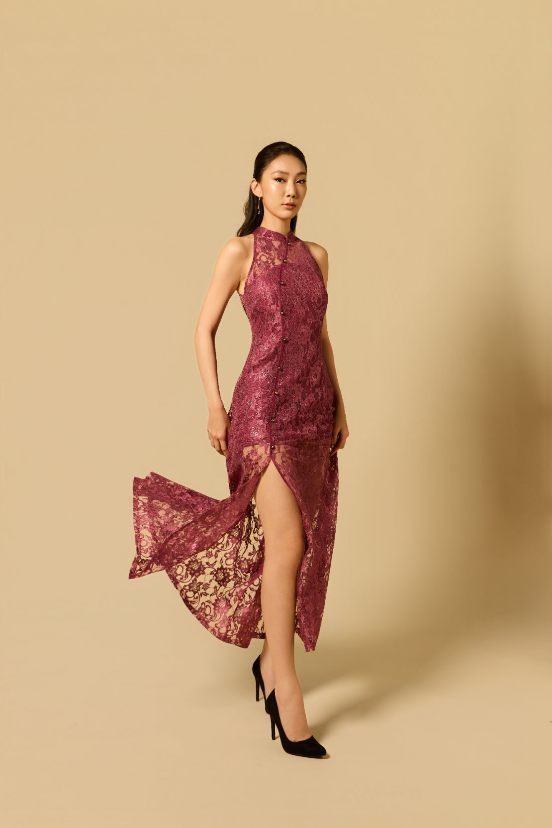 Lacey Halter Dress in BERRY