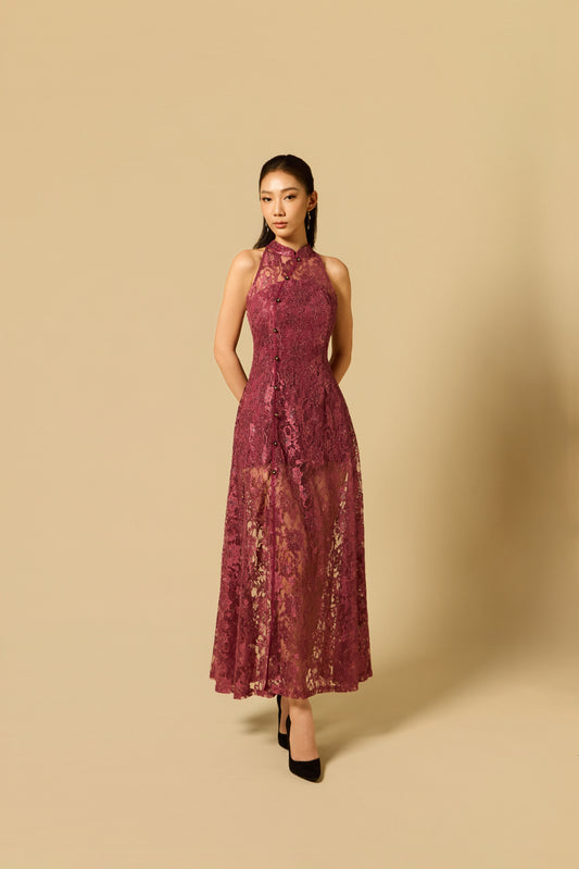 Lacey Halter Dress in BERRY