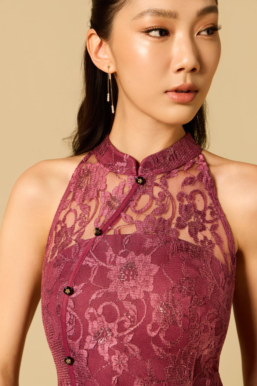 Lacey Halter Dress in BERRY